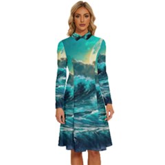 Tsunami Waves Ocean Sea Nautical Nature Water 5 Long Sleeve Shirt Collar A-line Dress by Jancukart
