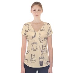 Coffee-56 Short Sleeve Front Detail Top by nateshop