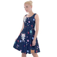 Cute Astronaut Cat With Star Galaxy Elements Seamless Pattern Knee Length Skater Dress by Salman4z