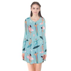 Beach-surfing-surfers-with-surfboards-surfer-rides-wave-summer-outdoors-surfboards-seamless-pattern- Long Sleeve V-neck Flare Dress by Salman4z