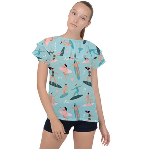 Beach-surfing-surfers-with-surfboards-surfer-rides-wave-summer-outdoors-surfboards-seamless-pattern- Ruffle Collar Chiffon Blouse by Salman4z