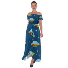 Seamless-pattern-ufo-with-star-space-galaxy-background Off Shoulder Open Front Chiffon Dress by Salman4z