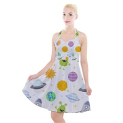 Seamless-pattern-cartoon-space-planets-isolated-white-background Halter Party Swing Dress  by Salman4z