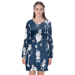 White-robot-blue-seamless-pattern Long Sleeve Chiffon Shift Dress  by Salman4z