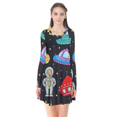 Seamless-pattern-with-space-objects-ufo-rockets-aliens-hand-drawn-elements-space Long Sleeve V-neck Flare Dress by Salman4z