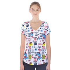 Monster-cool-seamless-pattern Short Sleeve Front Detail Top by Salman4z