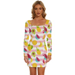 Tropical-fruits-berries-seamless-pattern Long Sleeve Square Neck Bodycon Velvet Dress by Salman4z