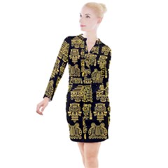 American-golden-ancient-totems Button Long Sleeve Dress by Salman4z