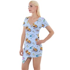 Pattern Giraffe Animal Seamless Scrapbooking Blue Short Sleeve Asymmetric Mini Dress by pakminggu