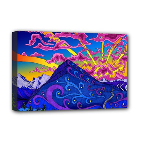 Psychedelic Colorful Lines Nature Mountain Trees Snowy Peak Moon Sun Rays Hill Road Artwork Stars Deluxe Canvas 18  X 12  (stretched) by pakminggu