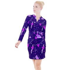 Purple Blue Geometric Pattern Button Long Sleeve Dress by danenraven