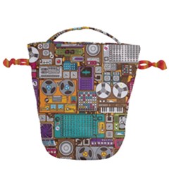 Pattern Design Art Techno Dj Music Retro Music Device Drawstring Bucket Bag by Bakwanart
