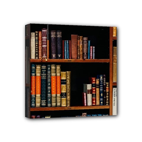 Assorted Title Of Books Piled In The Shelves Assorted Book Lot Inside The Wooden Shelf Mini Canvas 4  X 4  (stretched) by 99art
