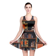 Assorted Title Of Books Piled In The Shelves Assorted Book Lot Inside The Wooden Shelf Reversible Skater Dress by 99art