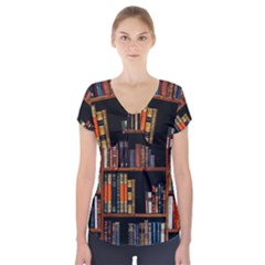 Assorted Title Of Books Piled In The Shelves Assorted Book Lot Inside The Wooden Shelf Short Sleeve Front Detail Top by 99art