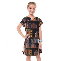 Assorted Title Of Books Piled In The Shelves Assorted Book Lot Inside The Wooden Shelf Kids  Drop Waist Dress by 99art