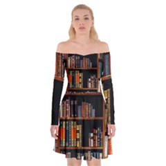 Assorted Title Of Books Piled In The Shelves Assorted Book Lot Inside The Wooden Shelf Off Shoulder Skater Dress by 99art