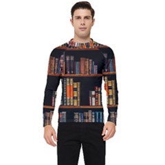 Assorted Title Of Books Piled In The Shelves Assorted Book Lot Inside The Wooden Shelf Men s Long Sleeve Rash Guard by 99art