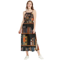 Assorted Title Of Books Piled In The Shelves Assorted Book Lot Inside The Wooden Shelf Boho Sleeveless Summer Dress by 99art