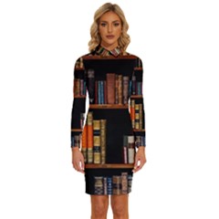 Assorted Title Of Books Piled In The Shelves Assorted Book Lot Inside The Wooden Shelf Long Sleeve Shirt Collar Bodycon Dress by 99art