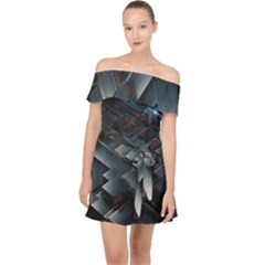 Architectural Design Abstract 3d Neon Glow Industry Off Shoulder Chiffon Dress by 99art