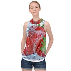 Red Strawberries Water Squirt Strawberry Fresh Splash Drops High Neck Satin Top by B30l
