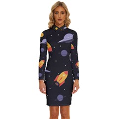 Cosmos Rockets Spaceships Ufos Long Sleeve Shirt Collar Bodycon Dress by Cowasu