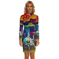 Mushrooms Fungi Psychedelic Long Sleeve Shirt Collar Bodycon Dress by Ndabl3x