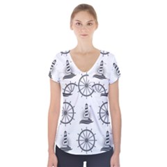 Marine-nautical-seamless-pattern-with-vintage-lighthouse-wheel Short Sleeve Front Detail Top by Wav3s