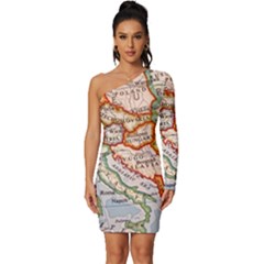 Map Europe Globe Countries States Long Sleeve One Shoulder Mini Dress by Ndabl3x