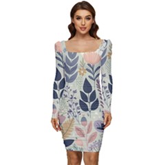 Flower Floral Pastel Women Long Sleeve Ruched Stretch Jersey Dress by Vaneshop