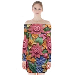 Flower Bloom Embossed Pattern Long Sleeve Off Shoulder Dress by Vaneshop
