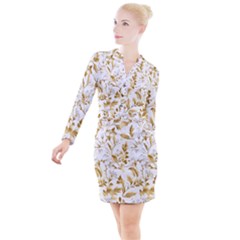 Flowers Gold Floral Button Long Sleeve Dress by Vaneshop
