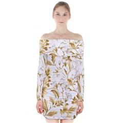 Flowers Gold Floral Long Sleeve Off Shoulder Dress by Vaneshop