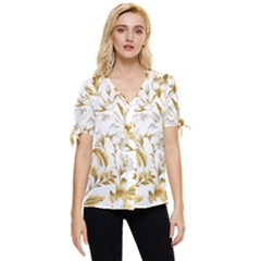 Flowers Gold Floral Bow Sleeve Button Up Top by Vaneshop