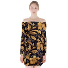 Flower Gold Floral Long Sleeve Off Shoulder Dress by Vaneshop
