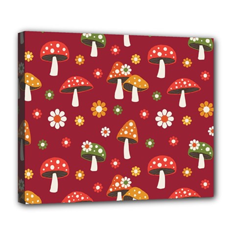 Woodland Mushroom And Daisy Seamless Pattern On Red Background Deluxe Canvas 24  X 20  (stretched) by Wav3s