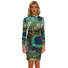 Peacock Feathers Blue Green Texture Long Sleeve Shirt Collar Bodycon Dress by Wav3s