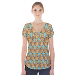 Owl Bird Pattern Short Sleeve Front Detail Top by Vaneshop
