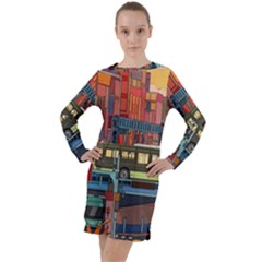 The City Style Bus Fantasy Architecture Art Long Sleeve Hoodie Dress by Grandong