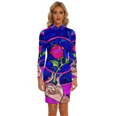 Stained Glass Rose Long Sleeve Shirt Collar Bodycon Dress by Cowasu