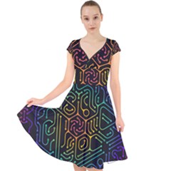 Circuit Hexagonal Geometric Pattern Background Pattern Cap Sleeve Front Wrap Midi Dress by Ndabl3x