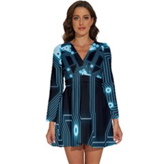 A Completely Seamless Background Design Circuitry Long Sleeve V-neck Chiffon Dress  by Amaryn4rt