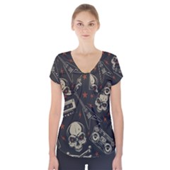 Grunge Seamless Pattern With Skulls Short Sleeve Front Detail Top by Amaryn4rt