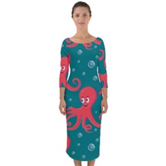 Cute-smiling-red-octopus-swimming-underwater Quarter Sleeve Midi Bodycon Dress by uniart180623