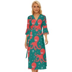 Cute-smiling-red-octopus-swimming-underwater Midsummer Wrap Dress by uniart180623