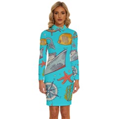 Colored-sketched-sea-elements-pattern-background-sea-life-animals-illustration Long Sleeve Shirt Collar Bodycon Dress by uniart180623