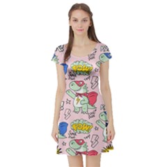 Seamless-pattern-with-many-funny-cute-superhero-dinosaurs-t-rex-mask-cloak-with-comics-style-inscrip Short Sleeve Skater Dress by uniart180623