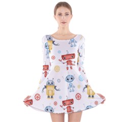 Cute-cartoon-robots-seamless-pattern Long Sleeve Velvet Skater Dress by uniart180623