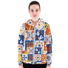 Mexican-talavera-pattern-ceramic-tiles-with-flower-leaves-bird-ornaments-traditional-majolica-style- Women s Zipper Hoodie by uniart180623